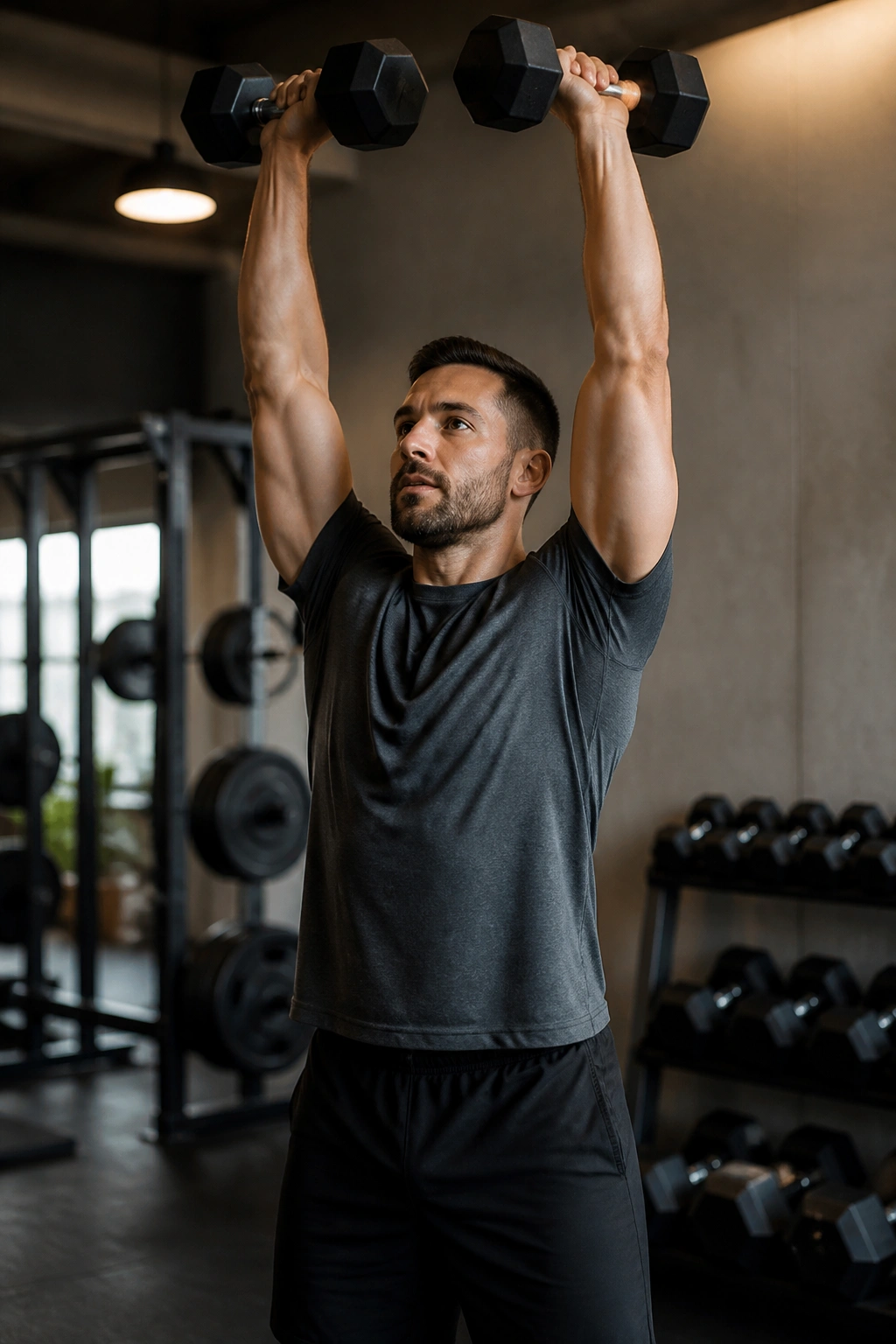 Mid-shot of a person performing a dumbbell clean and press in a gym