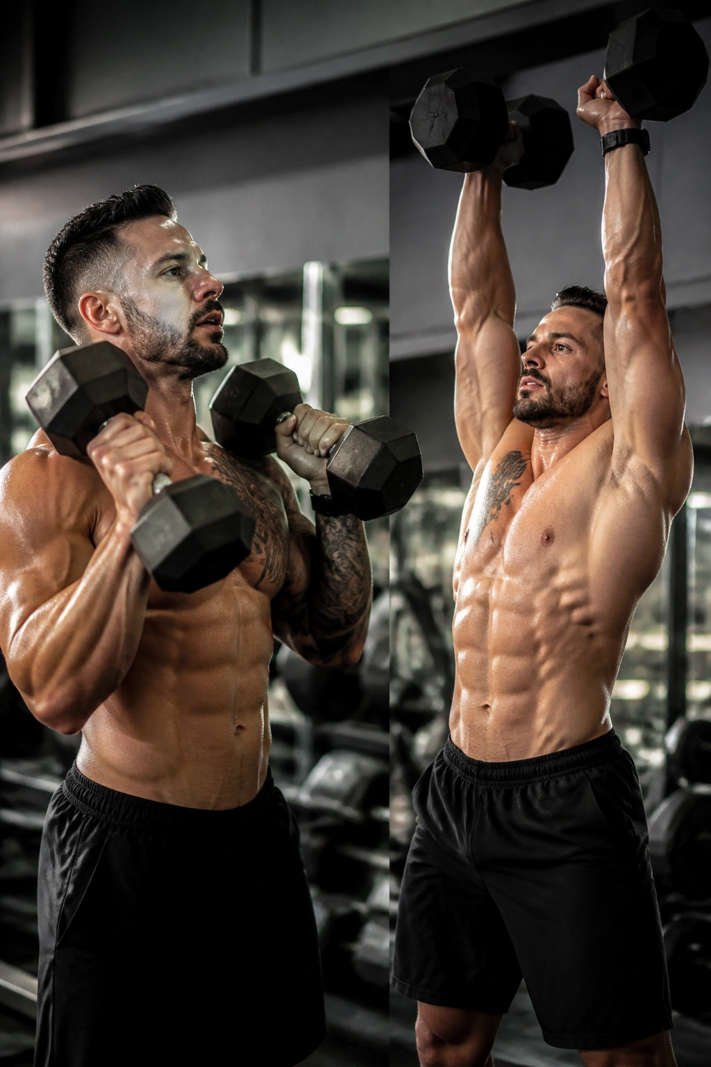 Athlete performing dumbbell clean and press in gym