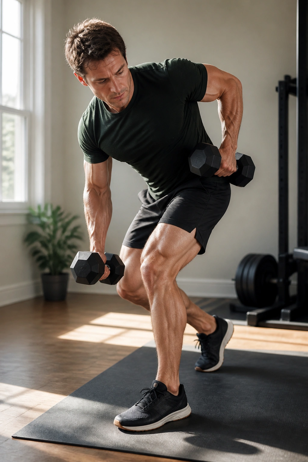 Person mid-dumbbell complex in a home gym