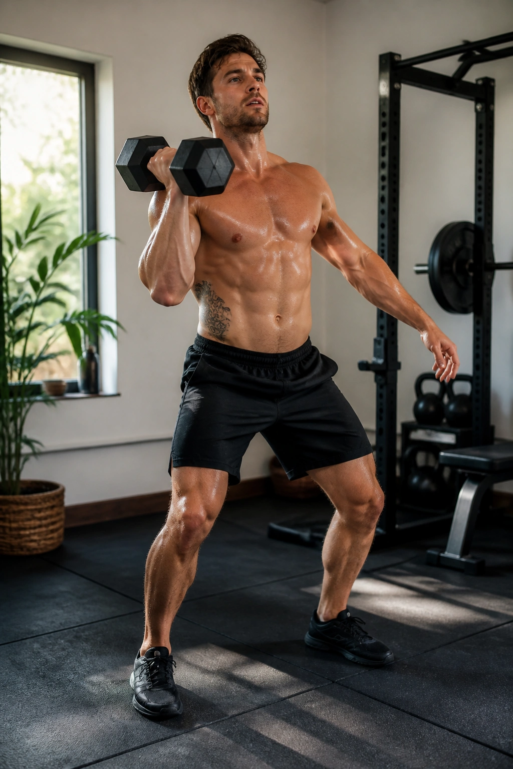 Person performing a dumbbell clean in a small home gym