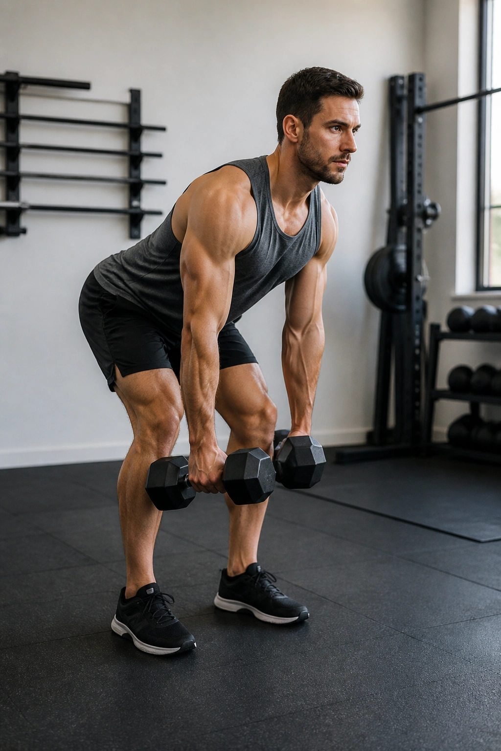Athlete performing dumbbell complex sequence in a gym