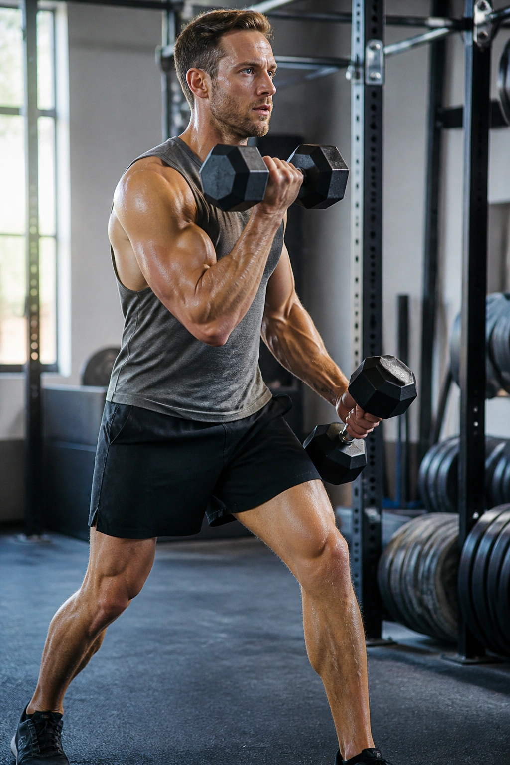 Real athlete performing full-body dumbbell complex in a gym