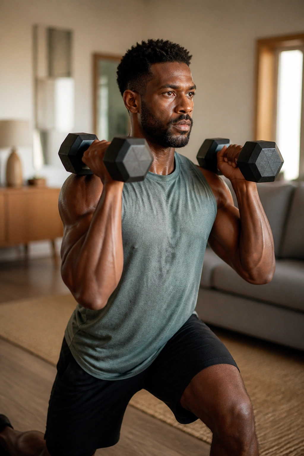 Portrait of a person lifting two dumbbells in a home workout