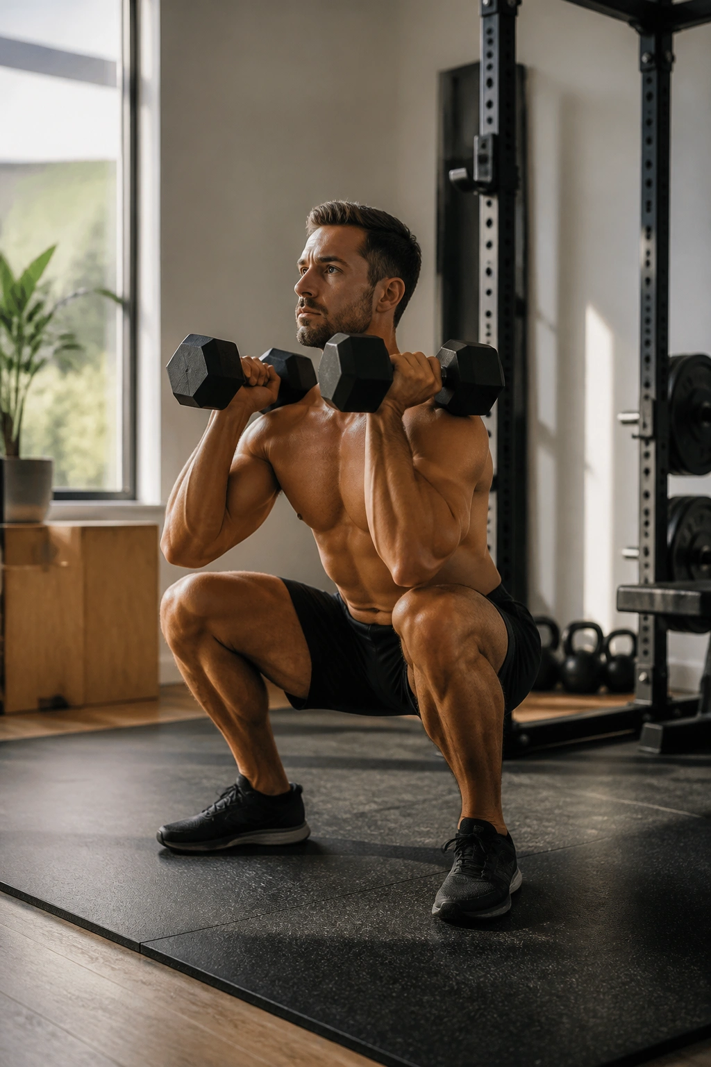 Real person executing a dumbbell full-body complex in a home gym