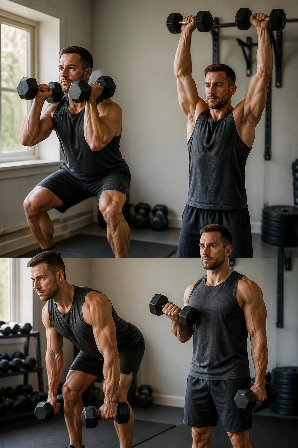 Real person performing a dumbbell complex in a home gym