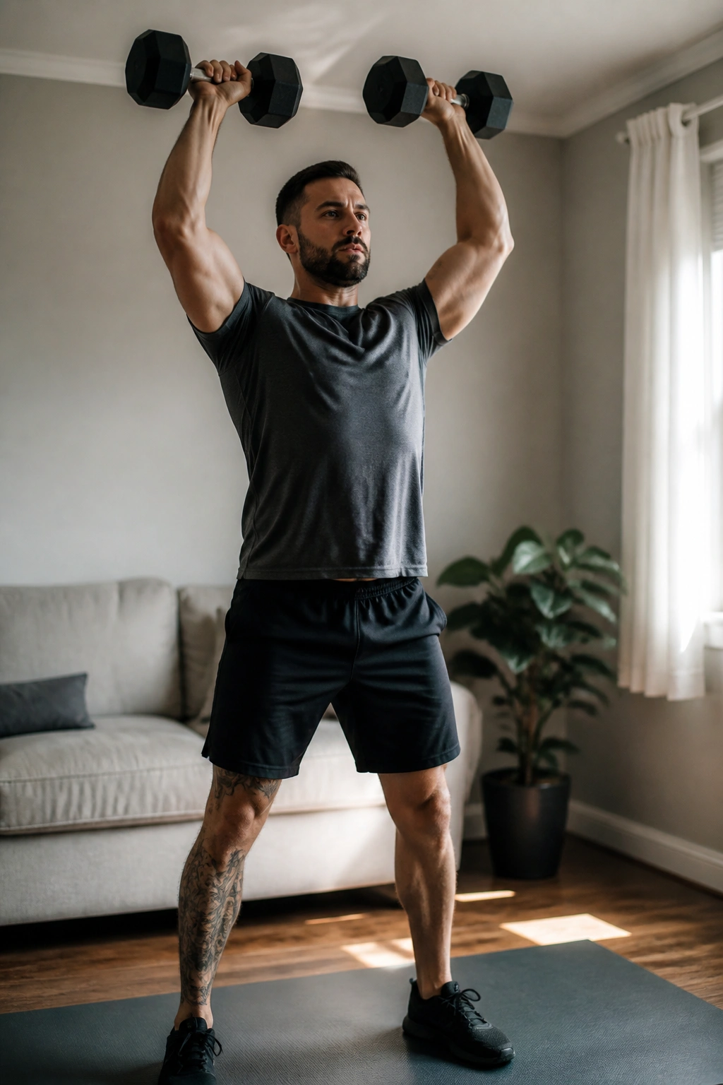 Person performing push press as part of dumbbell complex in a home setting