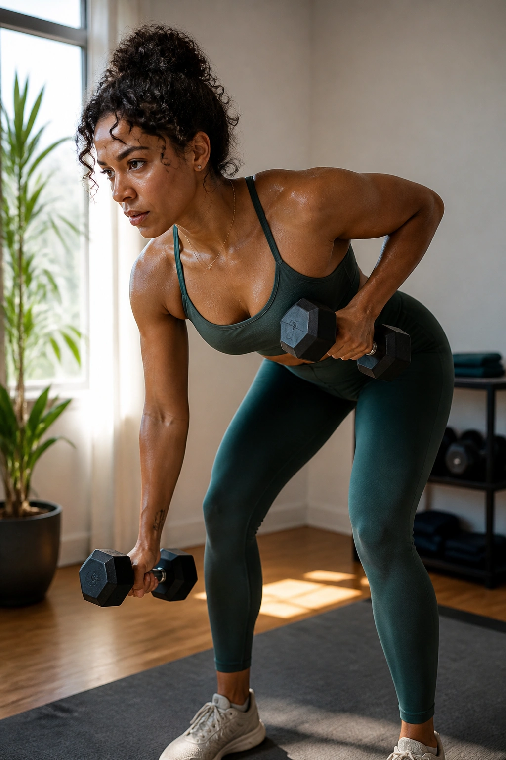 Mid-close shot of a person performing a dumbbell complex in a clean home gym