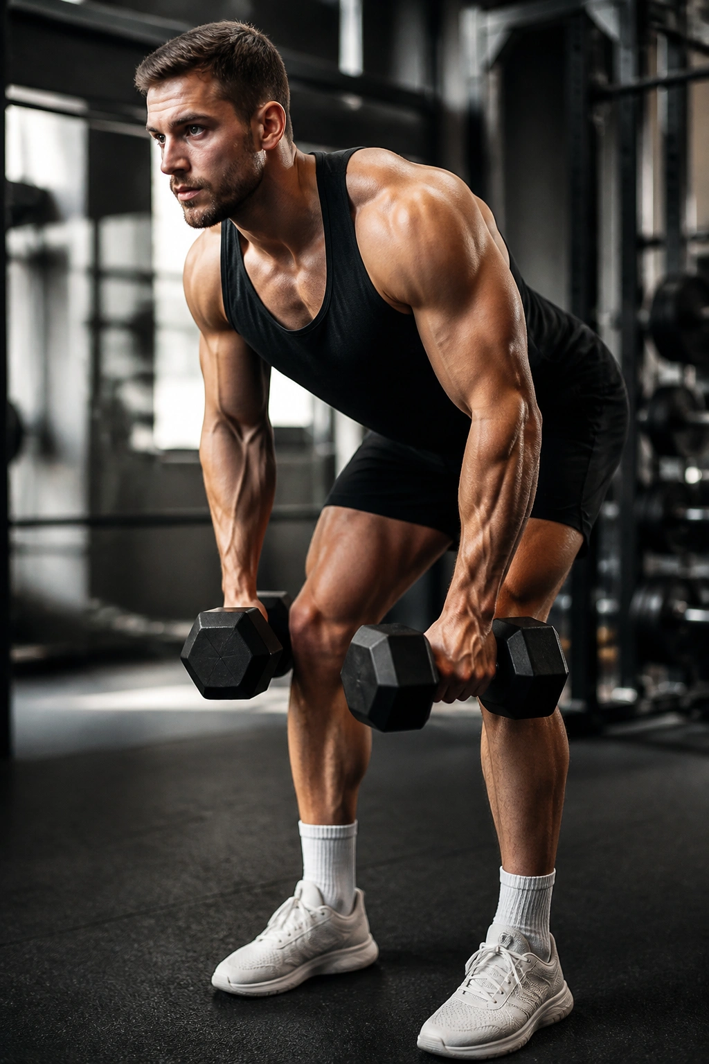 Close-up of a fit athlete performing a dumbbell complex in a gym