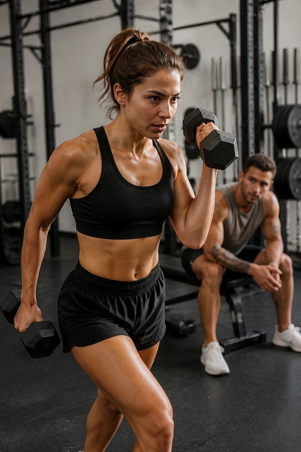Medium close-up of athlete performing dumbbell complex relay with partner resting nearby in a gym.