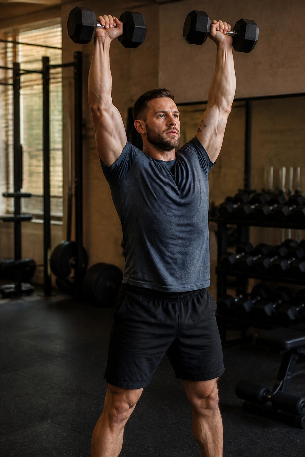 Lifter executing a dumbbell complex in a gym, showing fluid multi-movement sequence