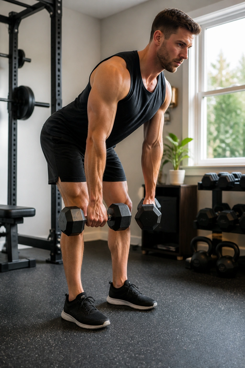 Person performing Romanian deadlift with dumbbells in a compact home gym