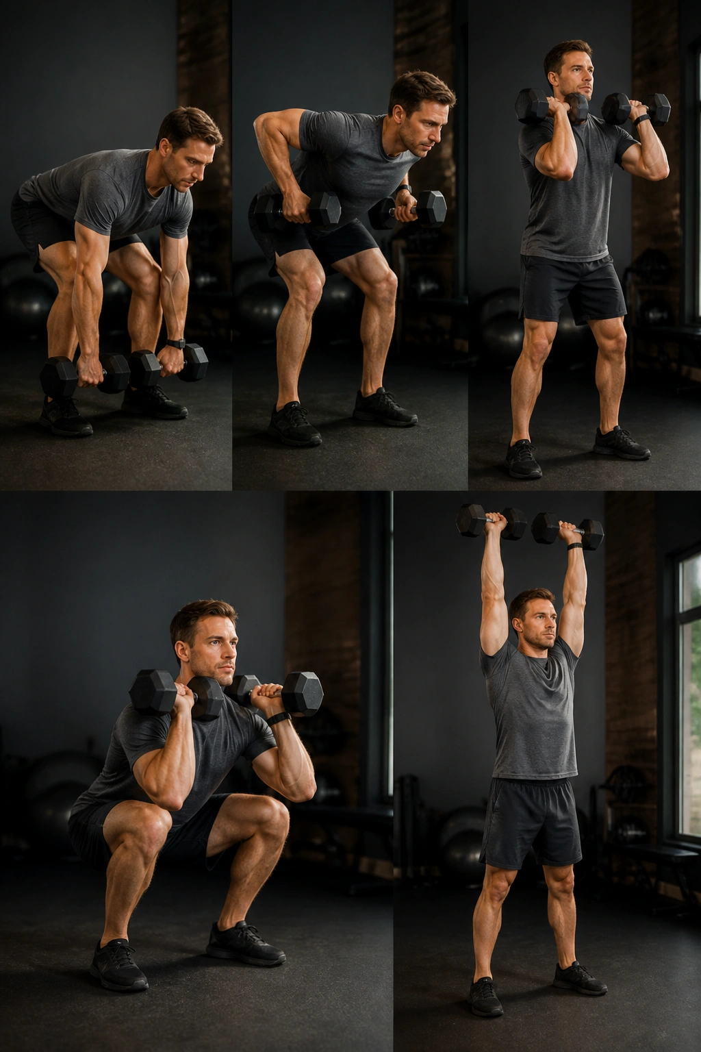 Athlete performing a dumbbell complex in a compact gym