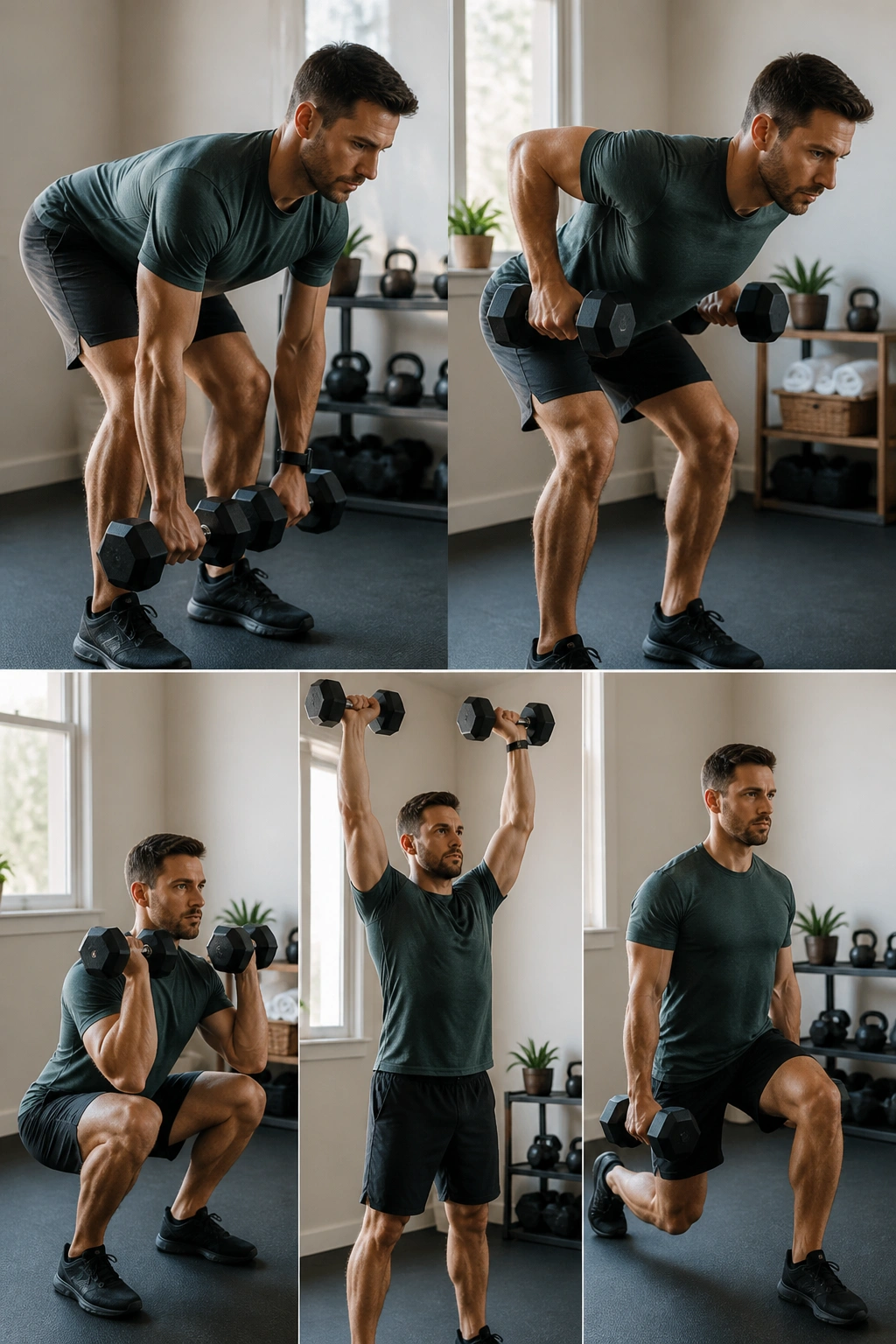 Person performing a dumbbell complex in a home gym