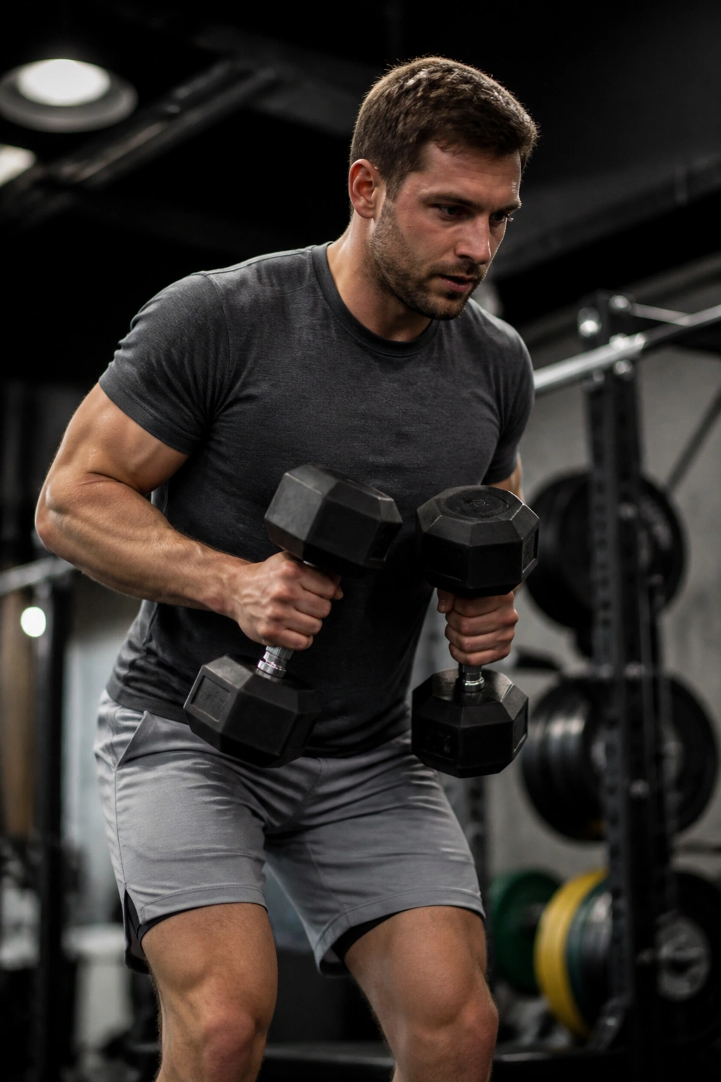 Close-up of a person performing a dumbbell complex with two dumbbells in a gym