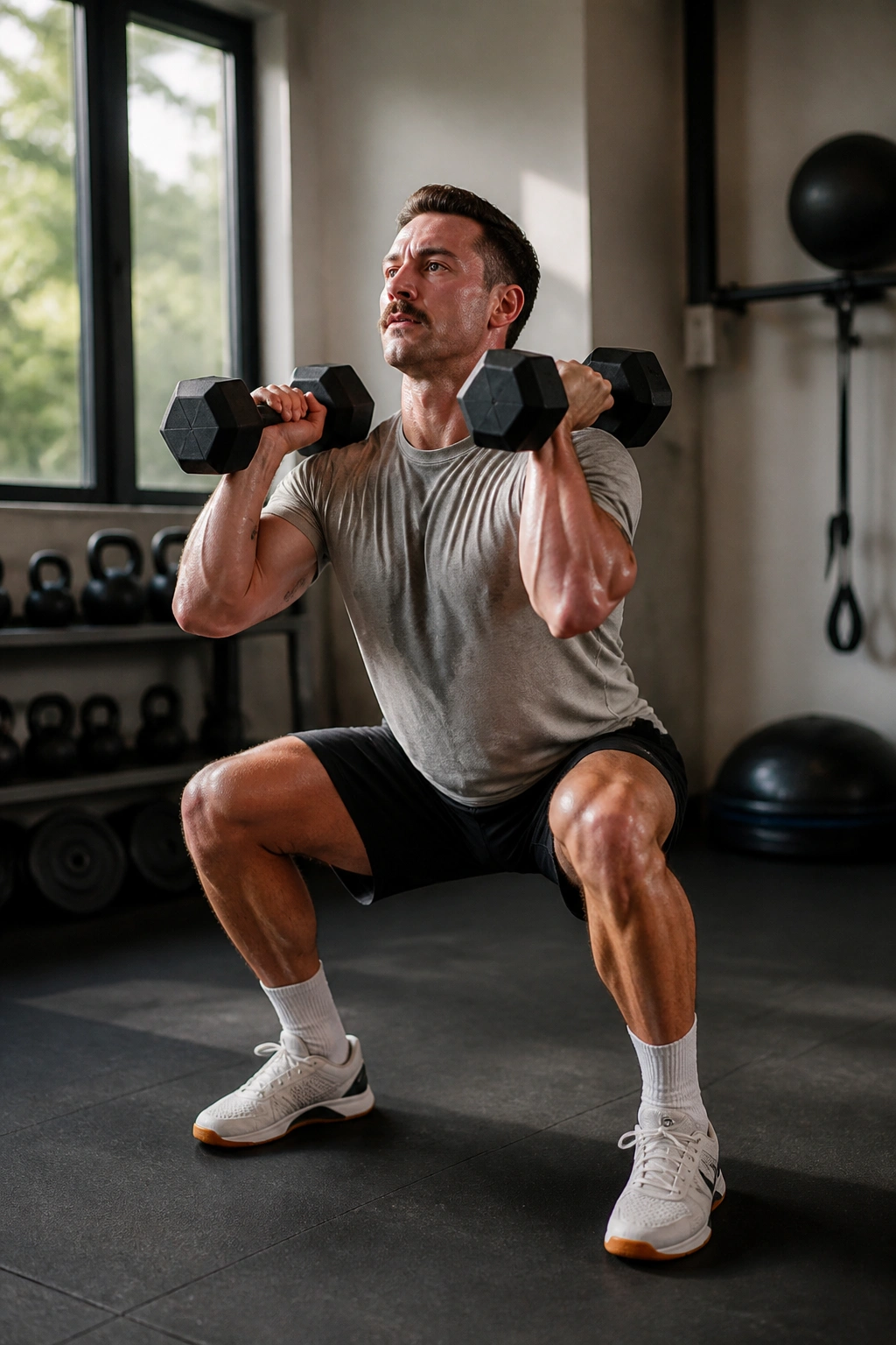 Close-up of a real person executing a dumbbell hang clean within a dumbbell-only complex.