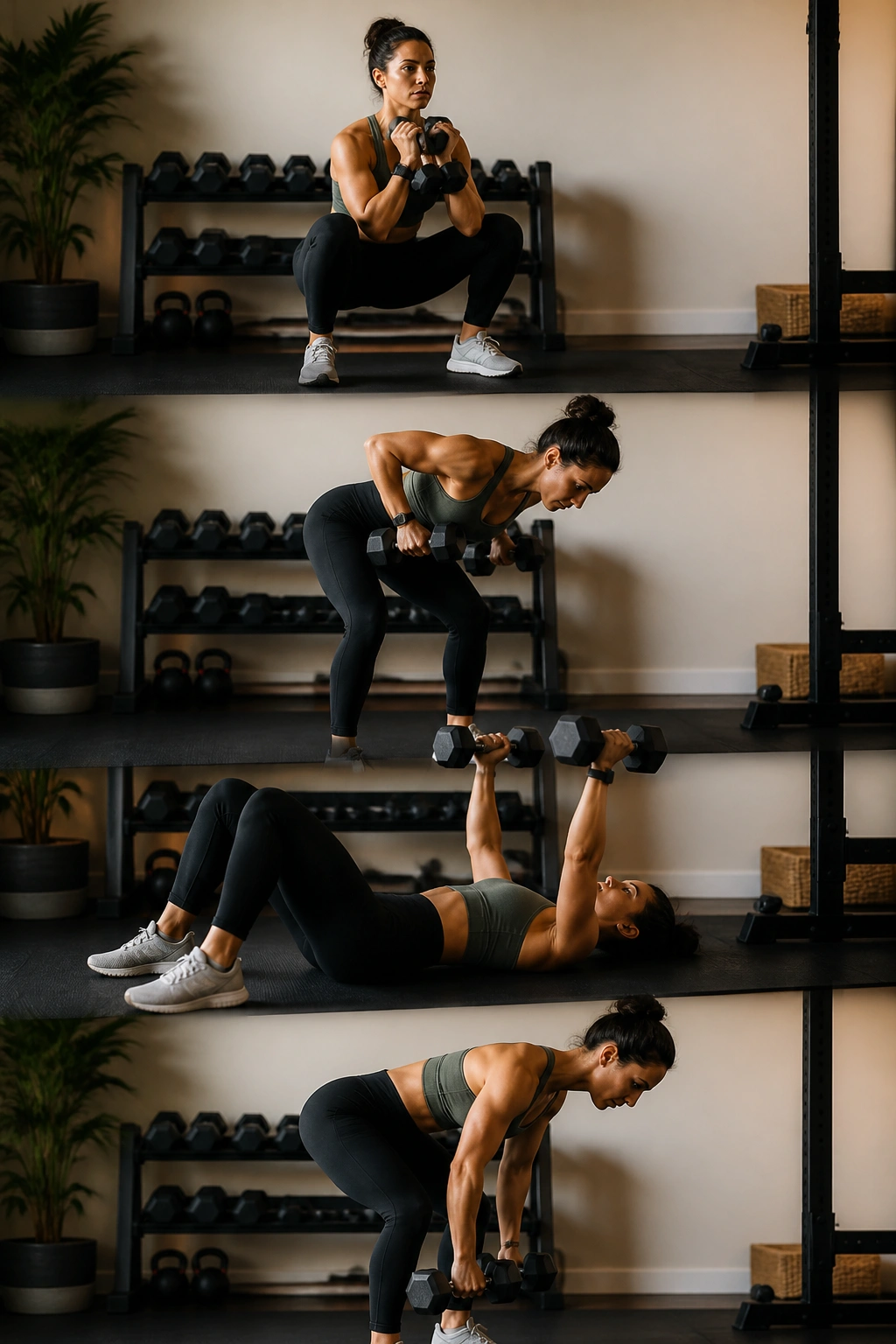 Real person performing a dumbbell complex flow without setting weights down in a compact home gym.