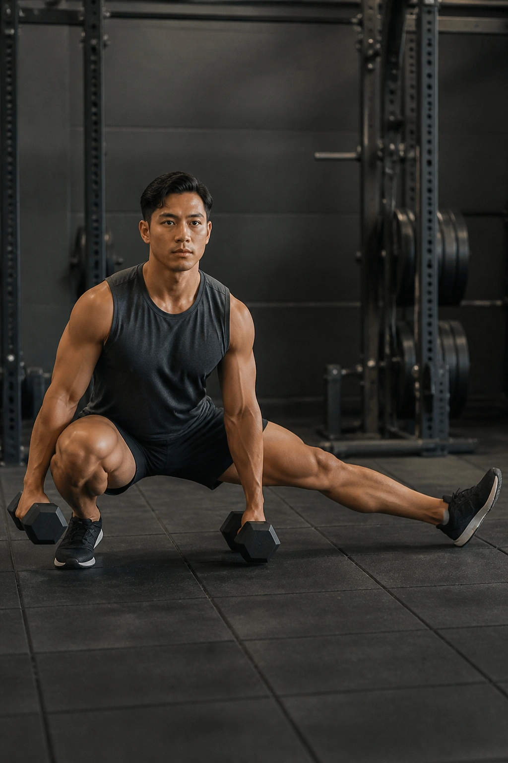 Real person performing a deep cossack squat with dumbbells in a gym