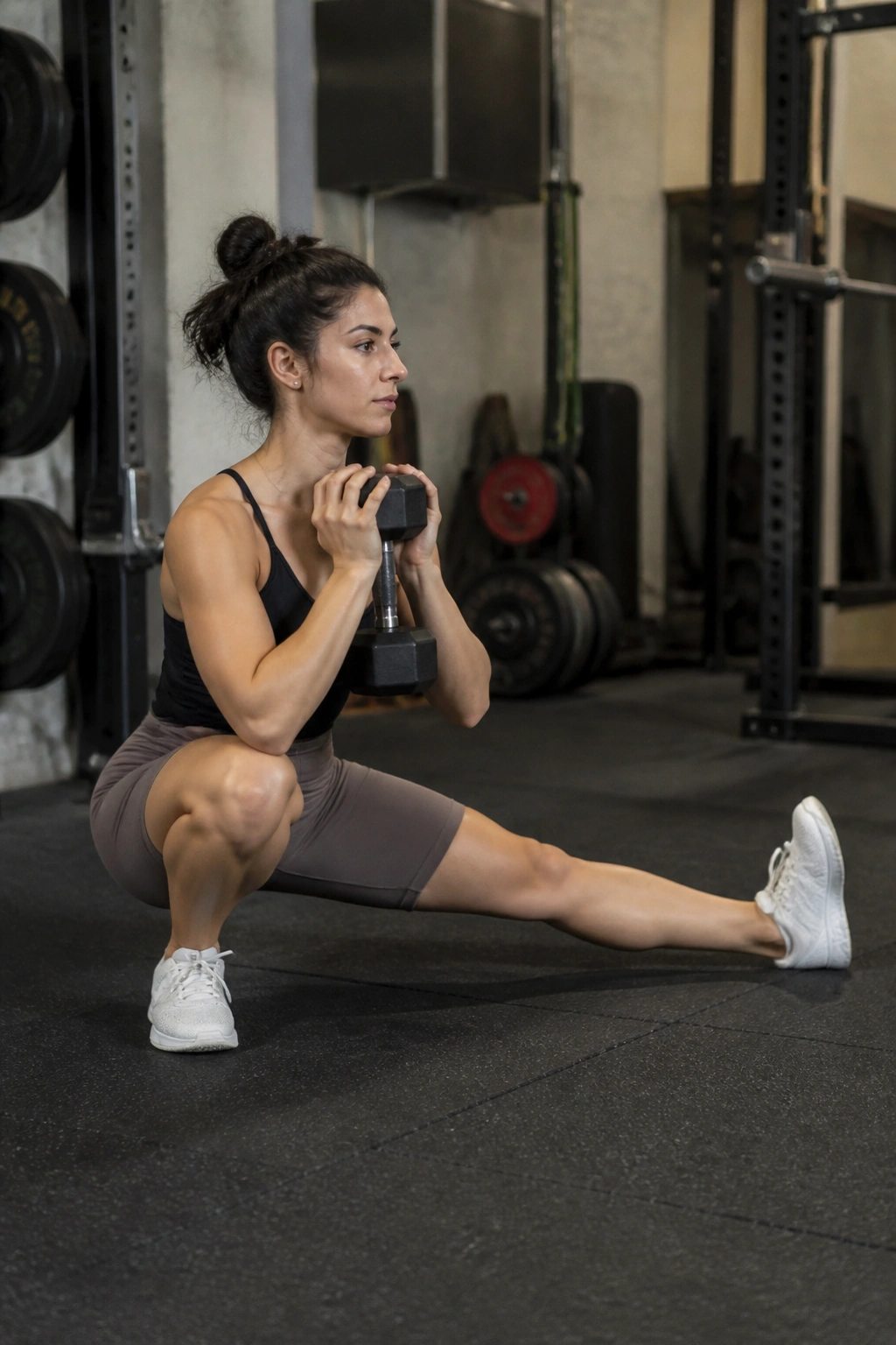 Athlete performing deep Cossack squat with goblet dumbbell in gym