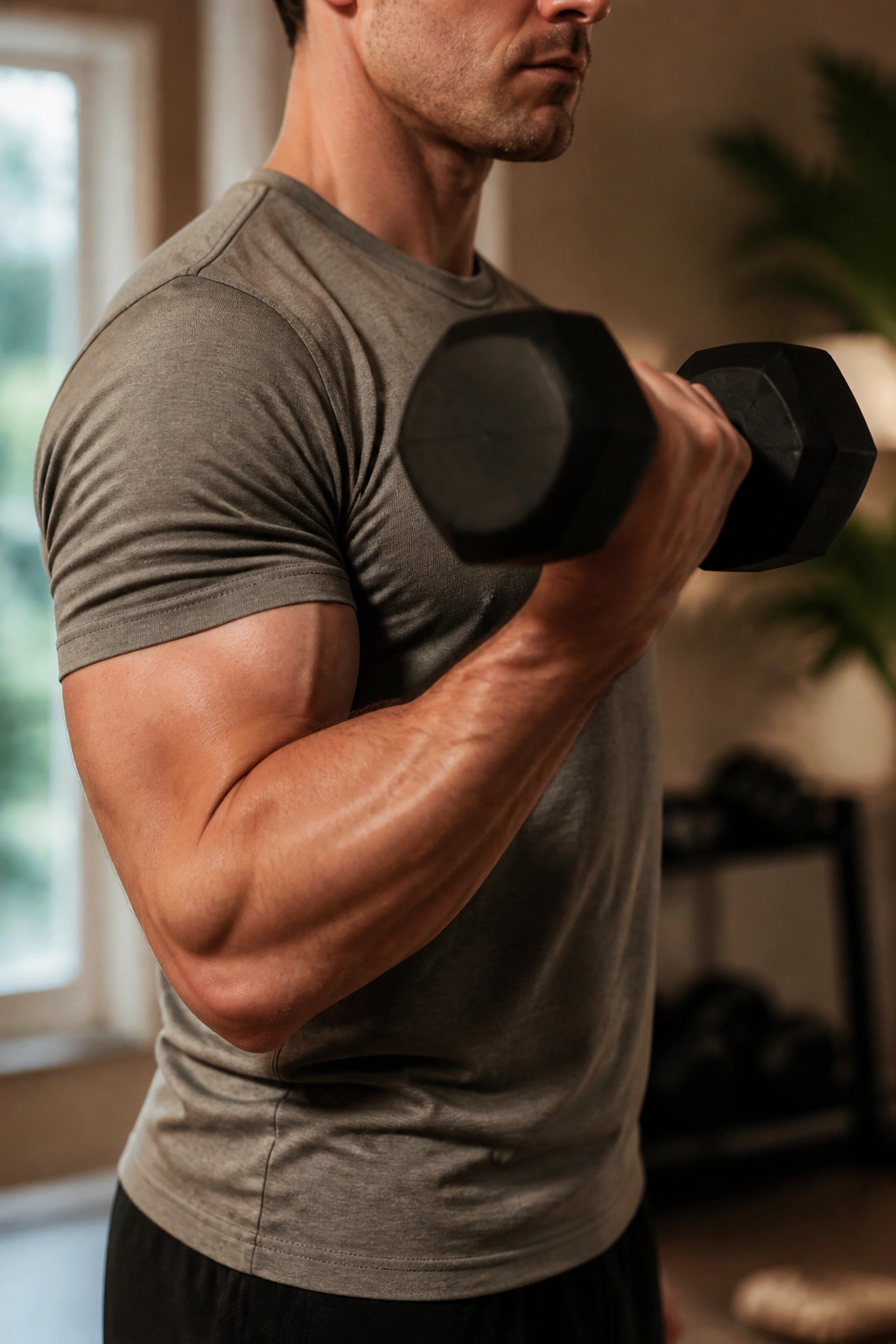Close-up of a person curling dumbbells with elbows in and wrists aligned