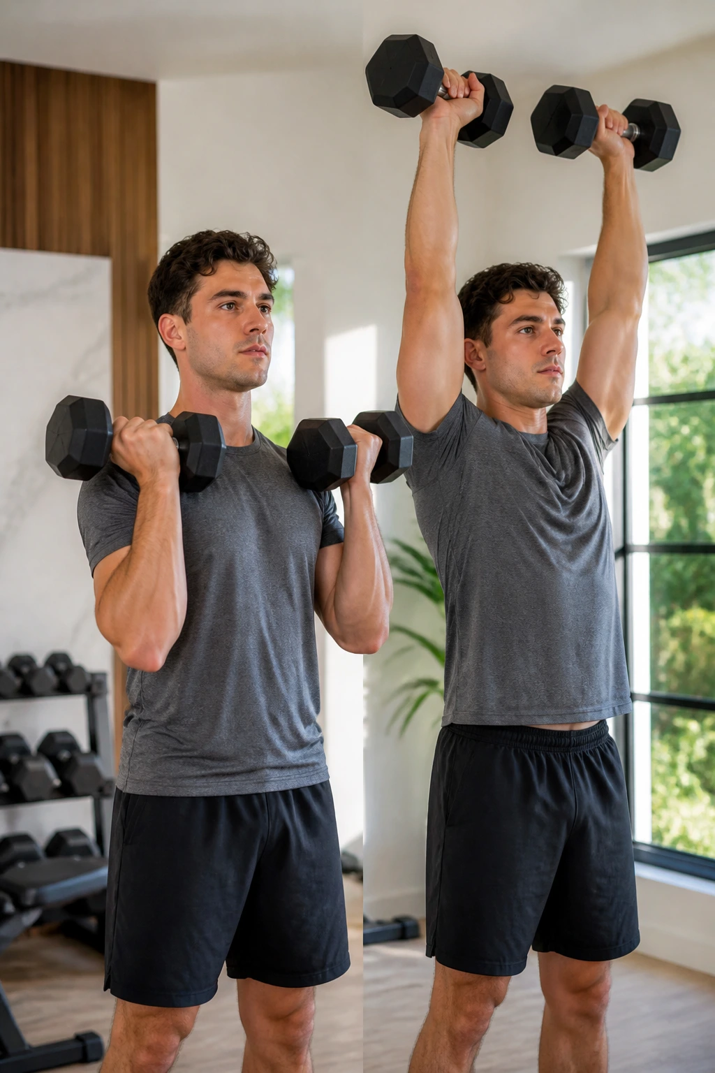 Person performing dumbbell curl-to-press with arms curling and pressing