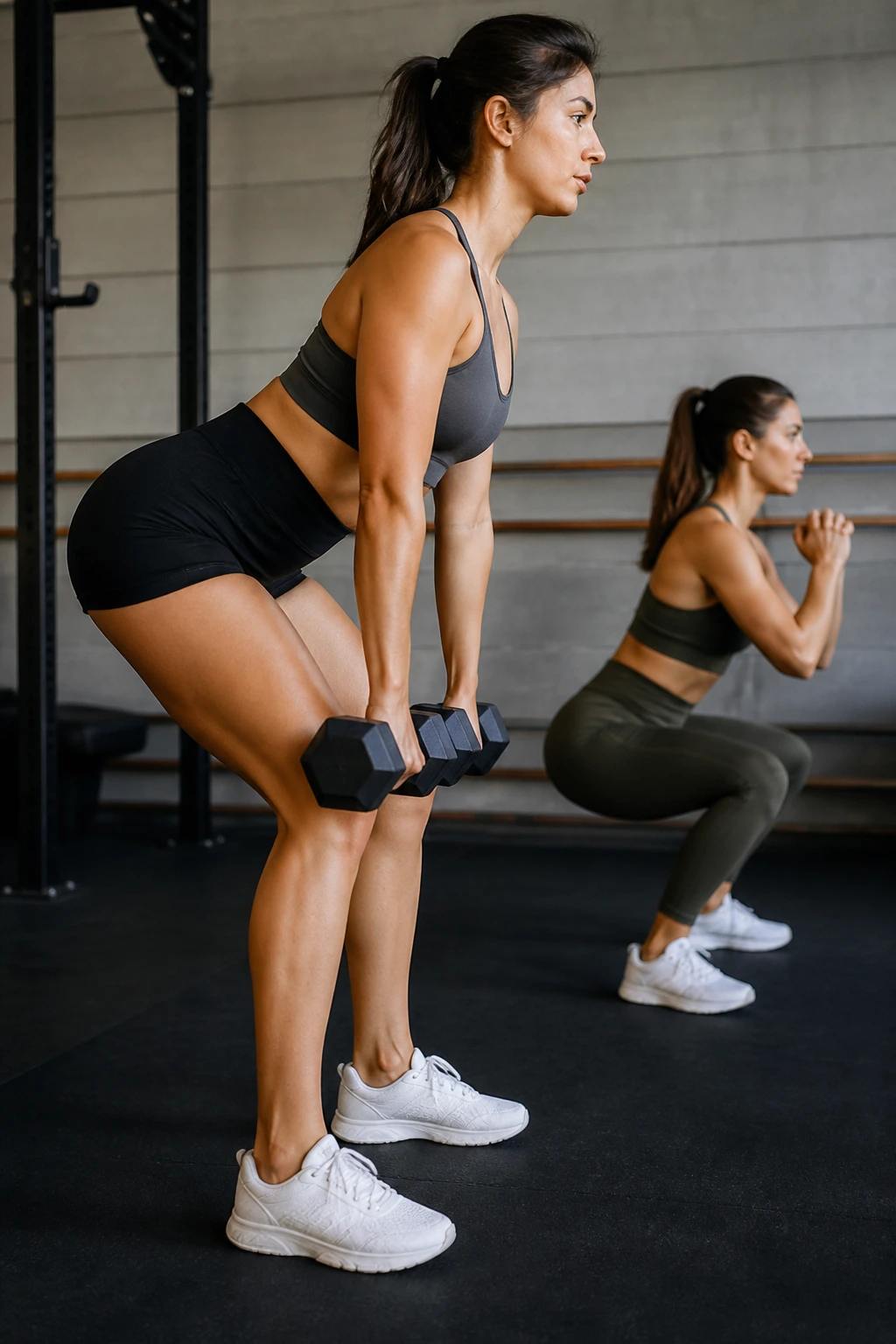 Side view of a person performing dumbbell deadlifts