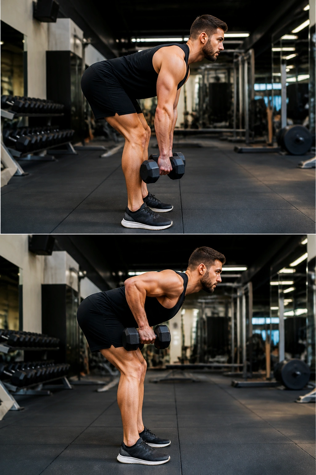 Side profile of lifter performing dumbbell deadlift and row