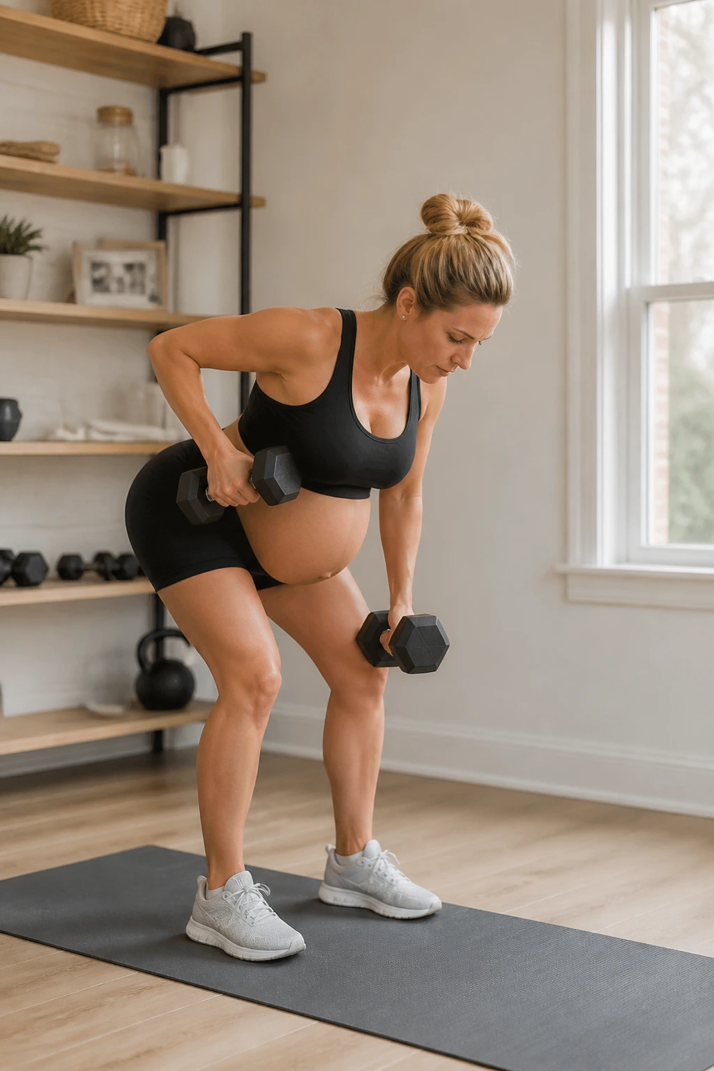 Person doing dumbbell deadlifts with a row in a home gym