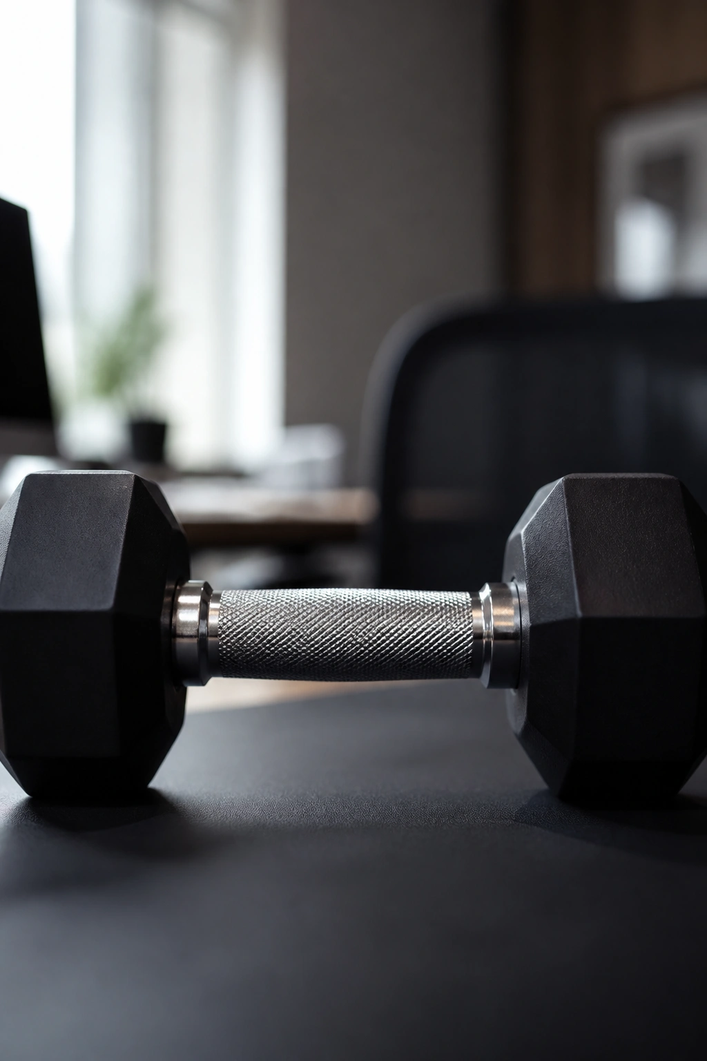 Close-up of a dumbbell against an office-like background.