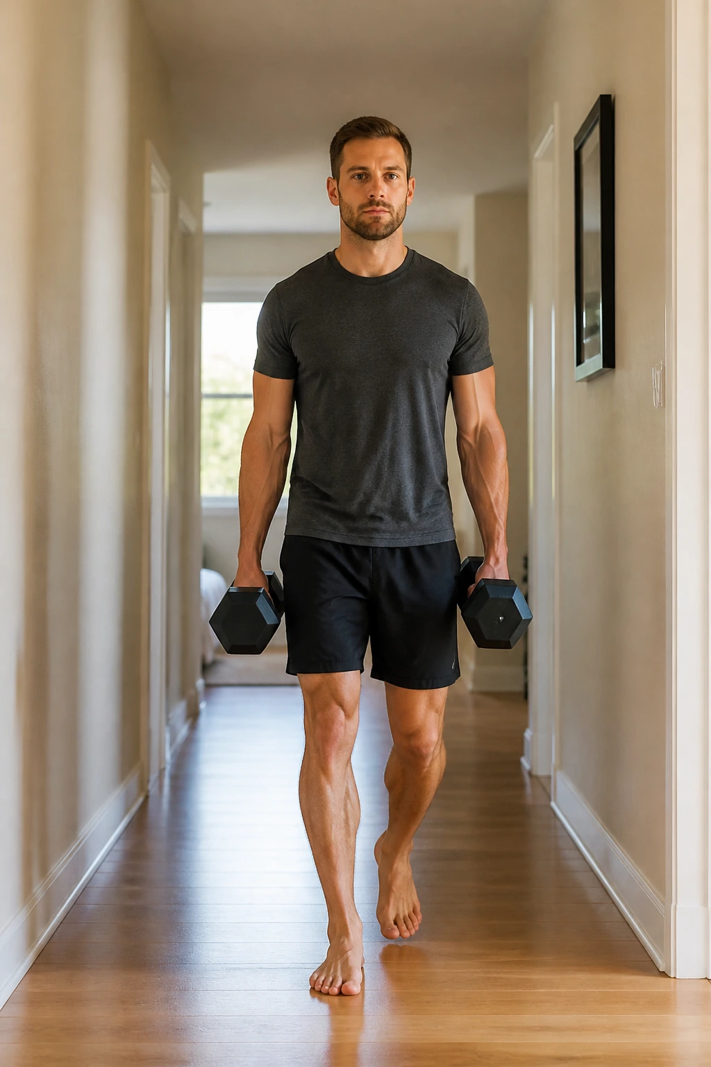 Full-body shot of a person performing a dumbbell farmer's carry down a hallway