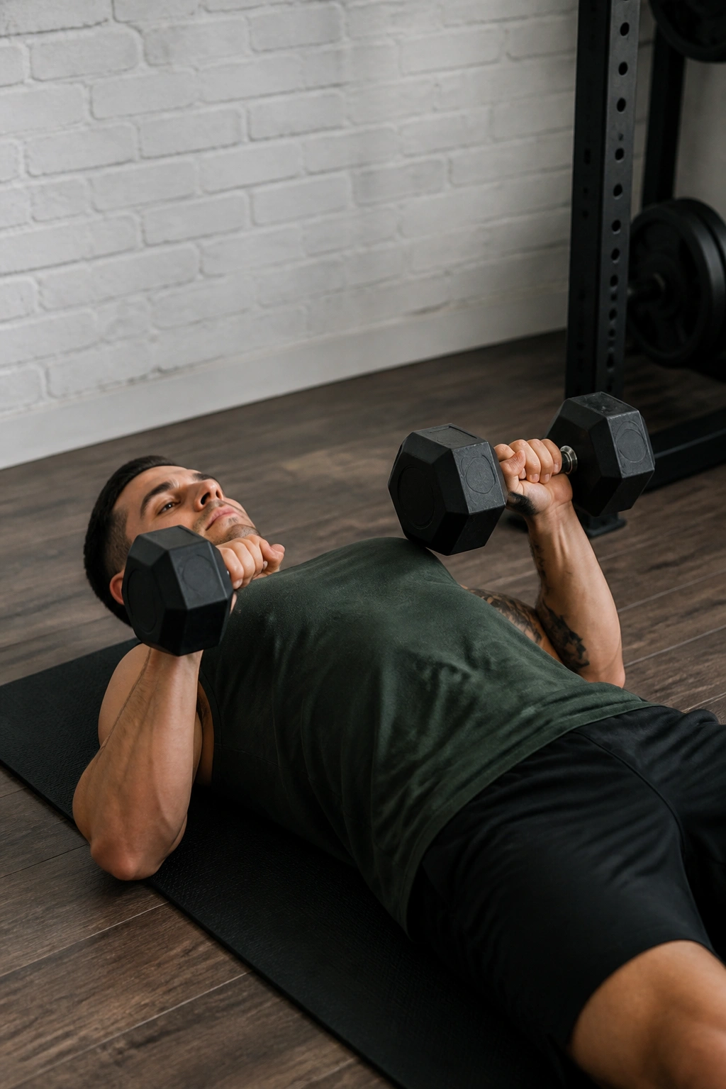 Person performing a dumbbell floor press on a mat