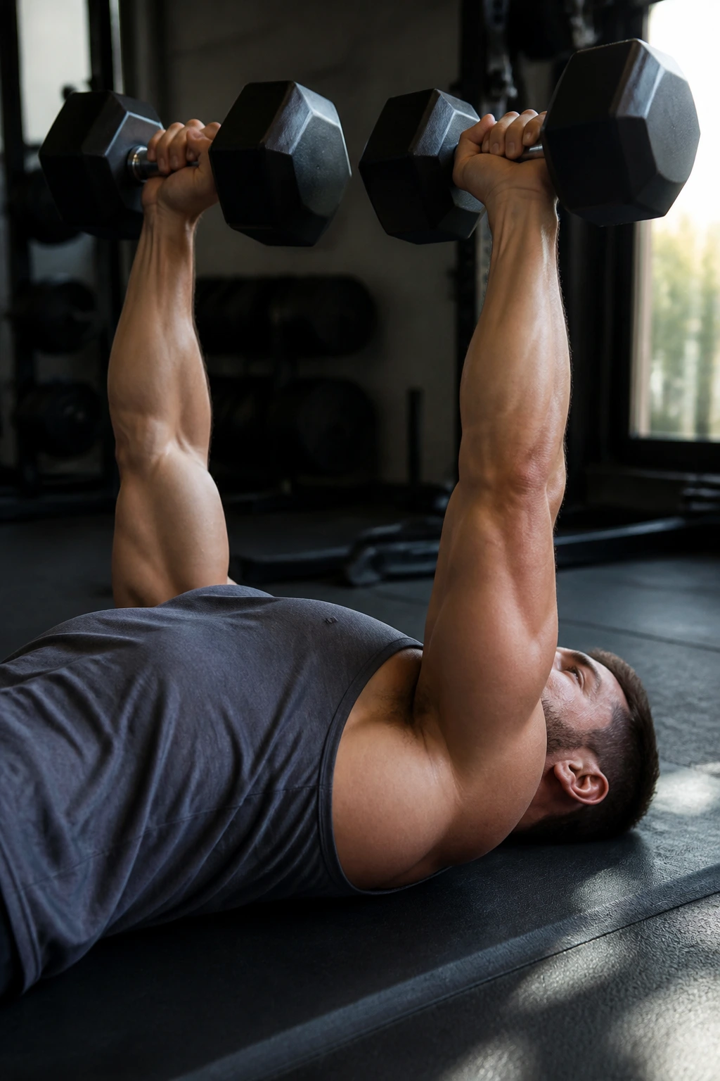 Close-up of a lifter performing a dumbbell floor press on a gym mat