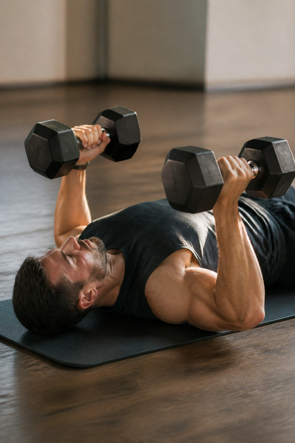 Person performing floor press on mat with dumbbells