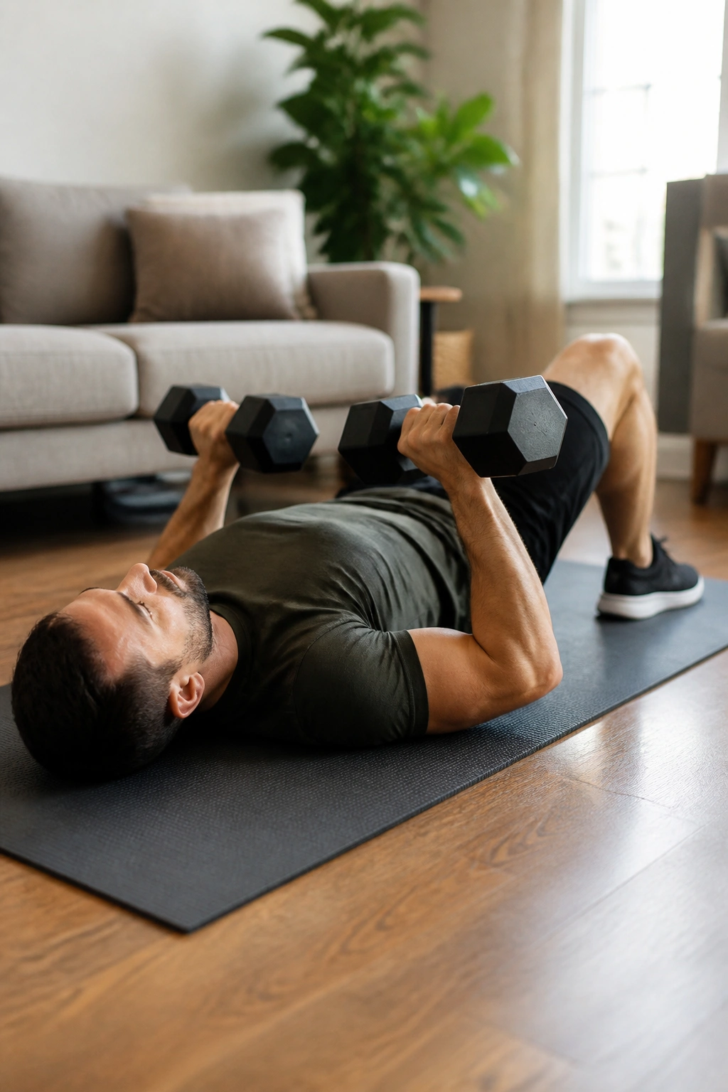 Person doing floor press with dumbbells on a mat in a home setting