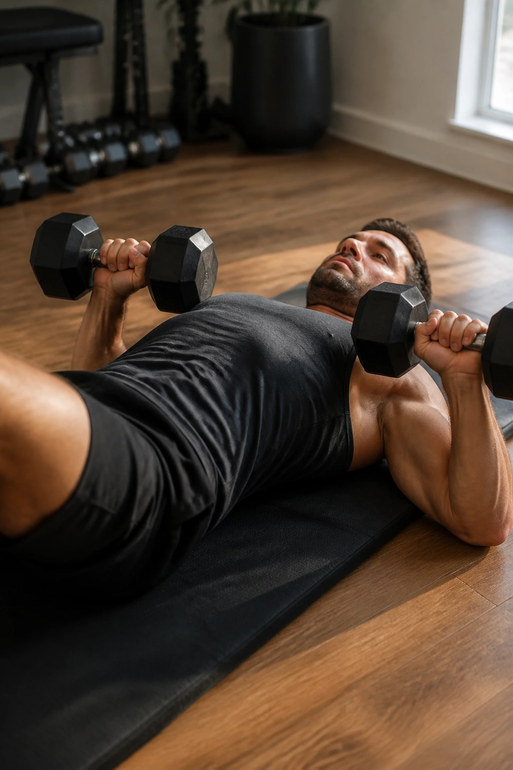 Close-up of a person performing a dumbbell floor press on a mat in a home gym