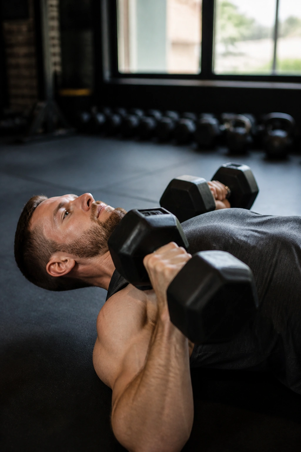 Person performing dumbbell floor press on the floor