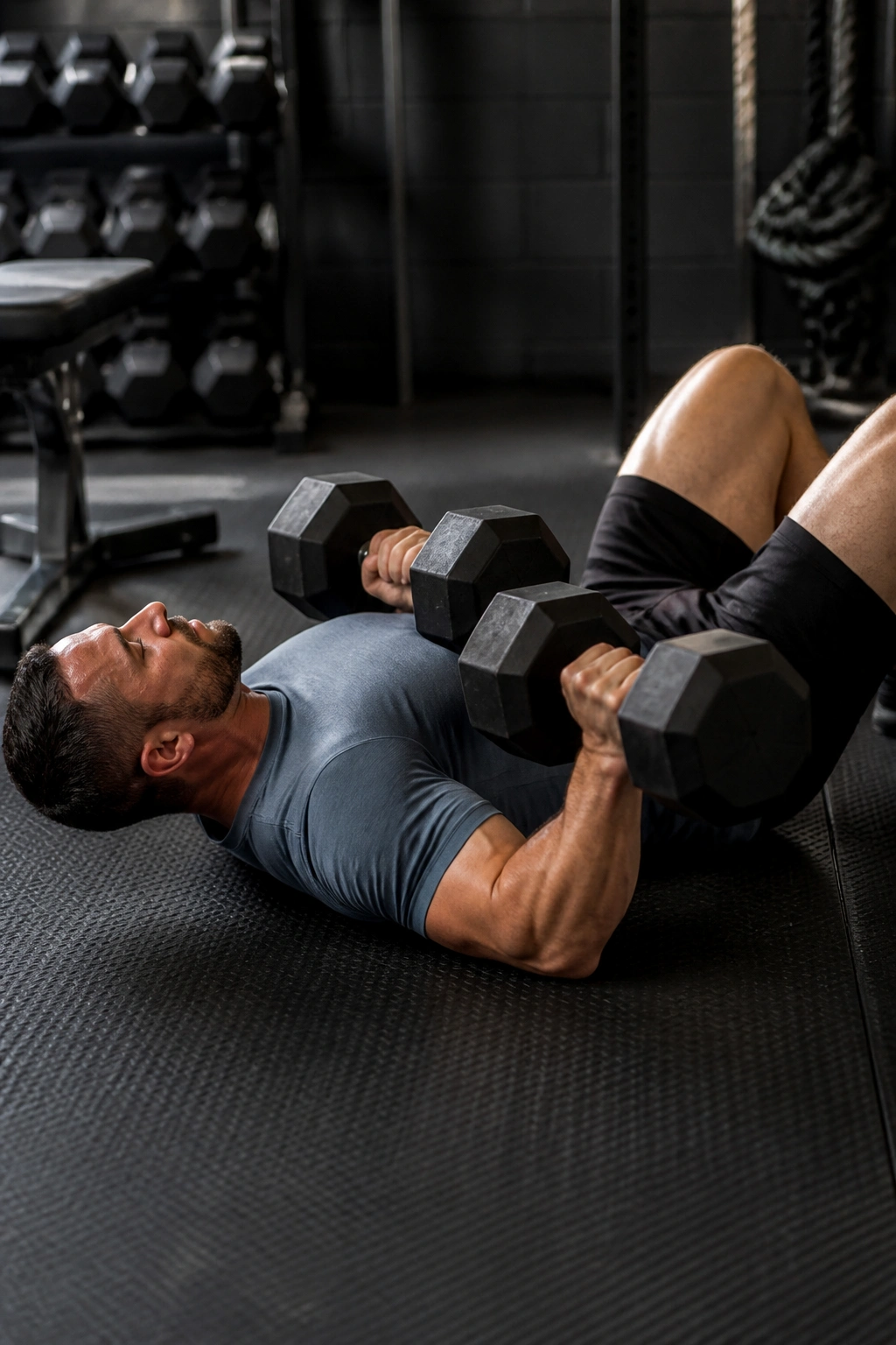 Close-up of lifter performing floor press with dumbbells