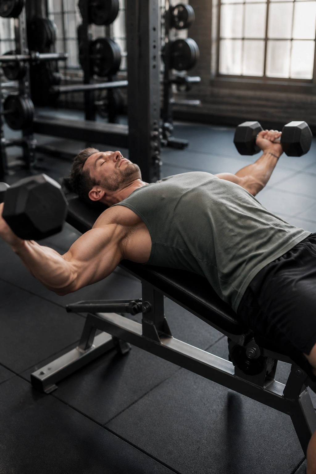 Lifter performing dumbbell fly with deep chest stretch on bench