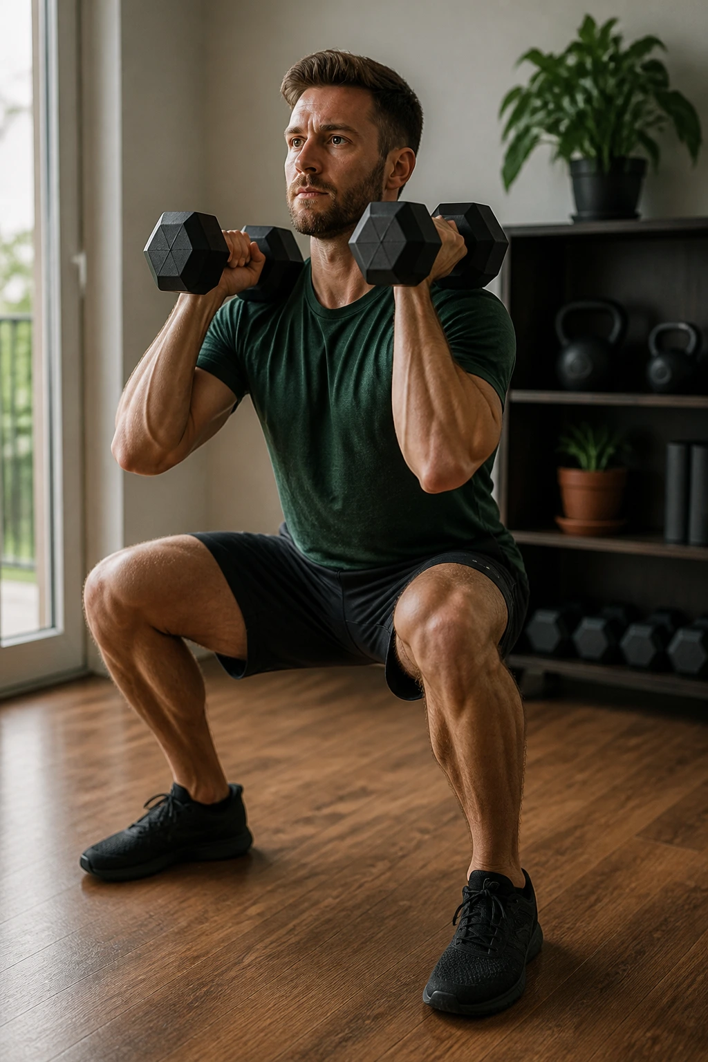 Person performing dumbbell front squat in a home gym illustrating dumbbell complex