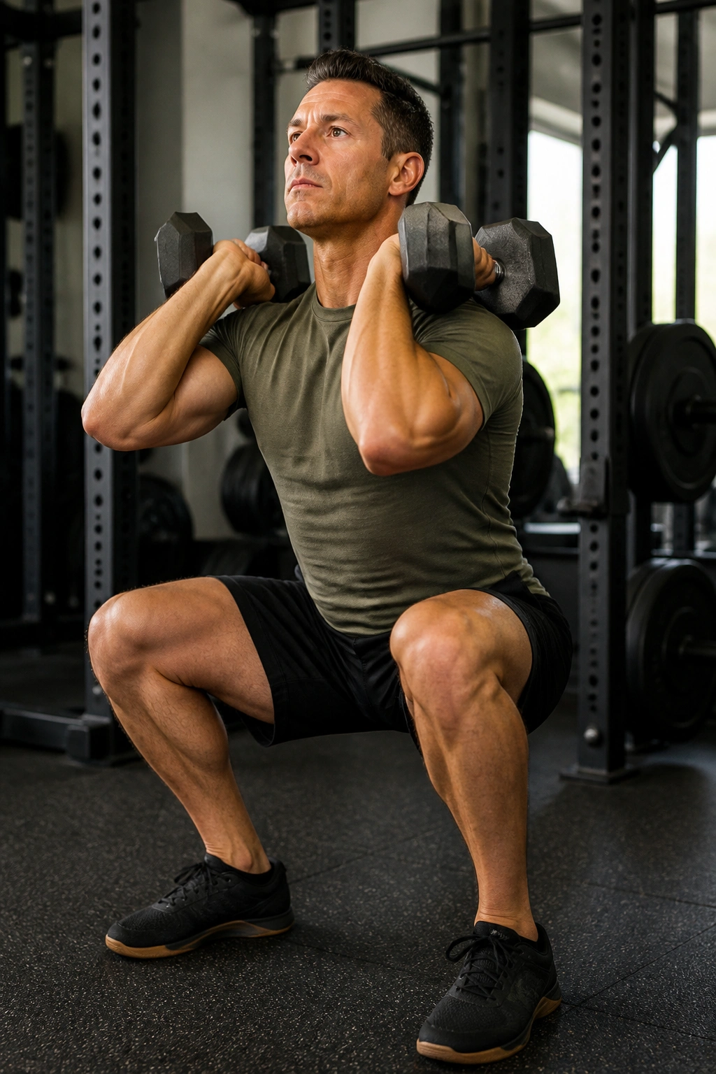 Real person performing dumbbell front squat with front rack position.