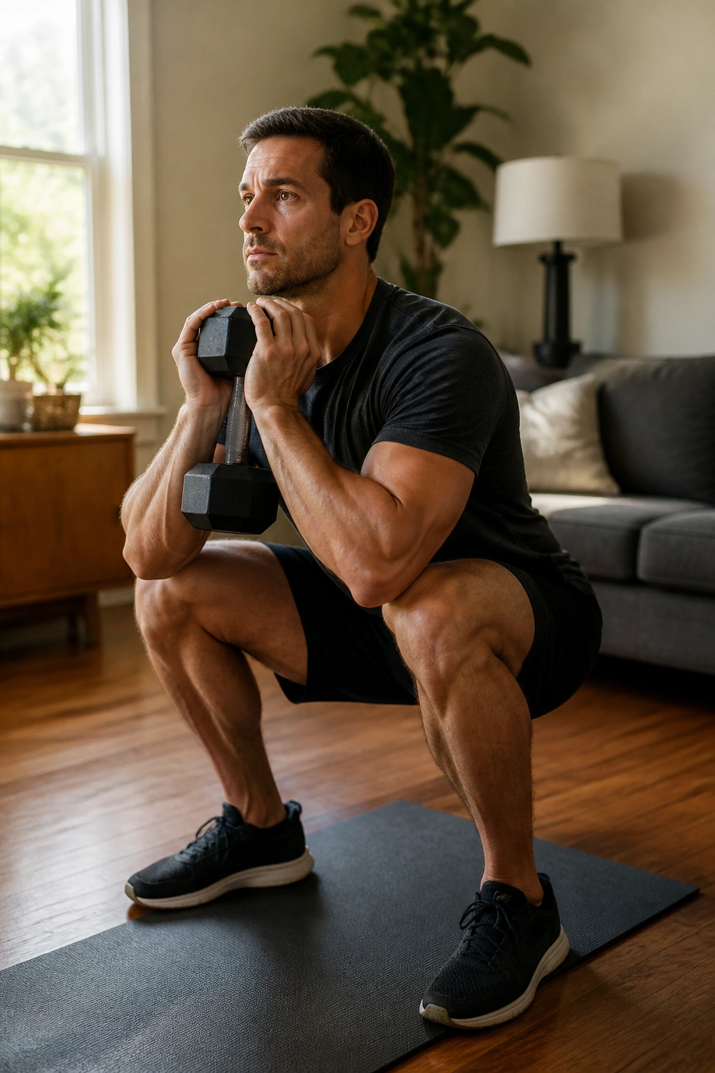 Close-up of person doing a goblet squat with a dumbbell at home