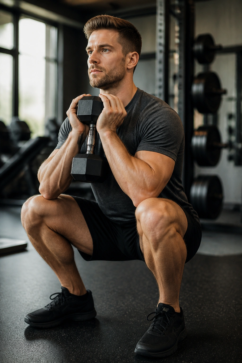 Real person performing goblet squat with dumbbell in gym
