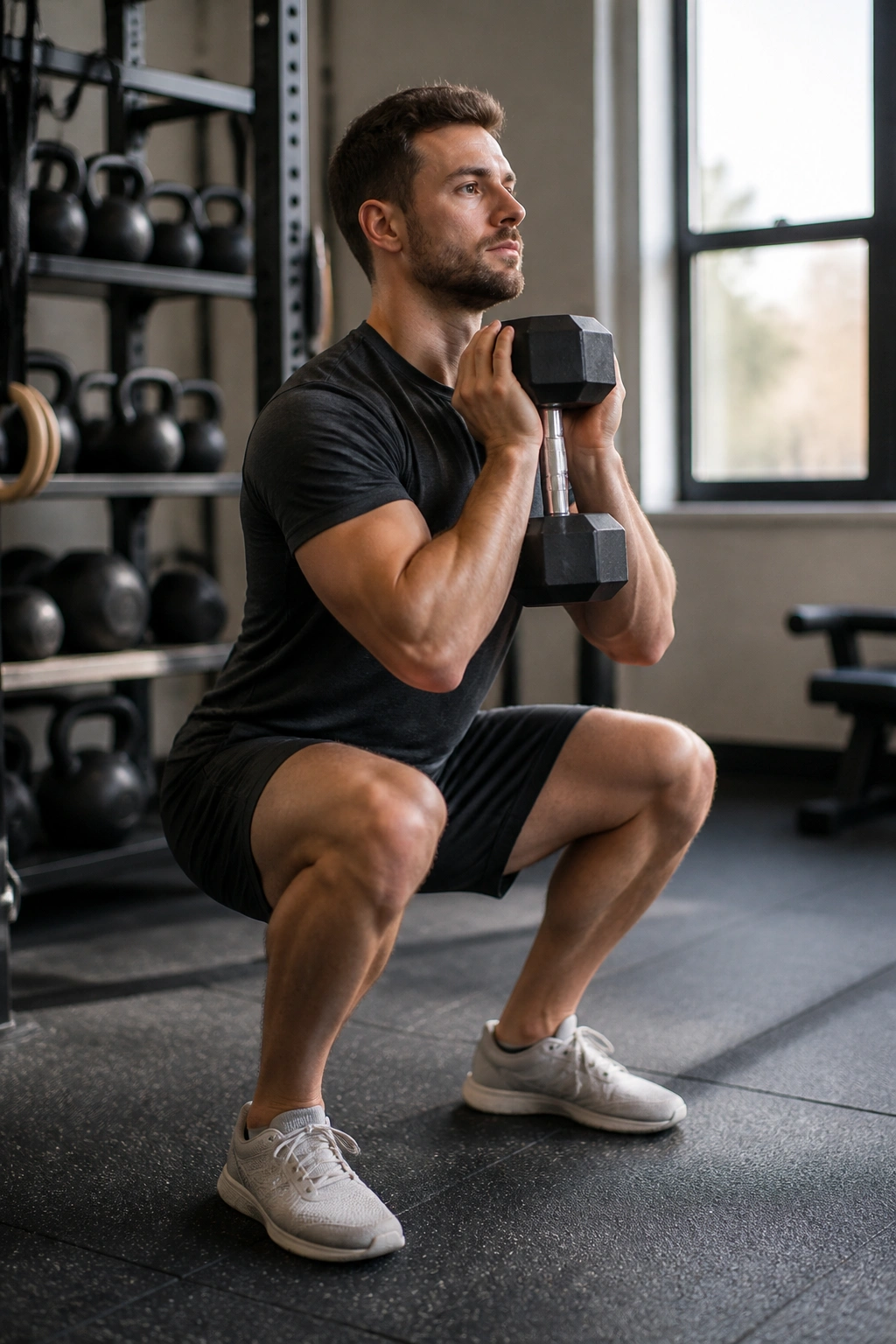 Close-up of person performing goblet squat with dumbbell in gym