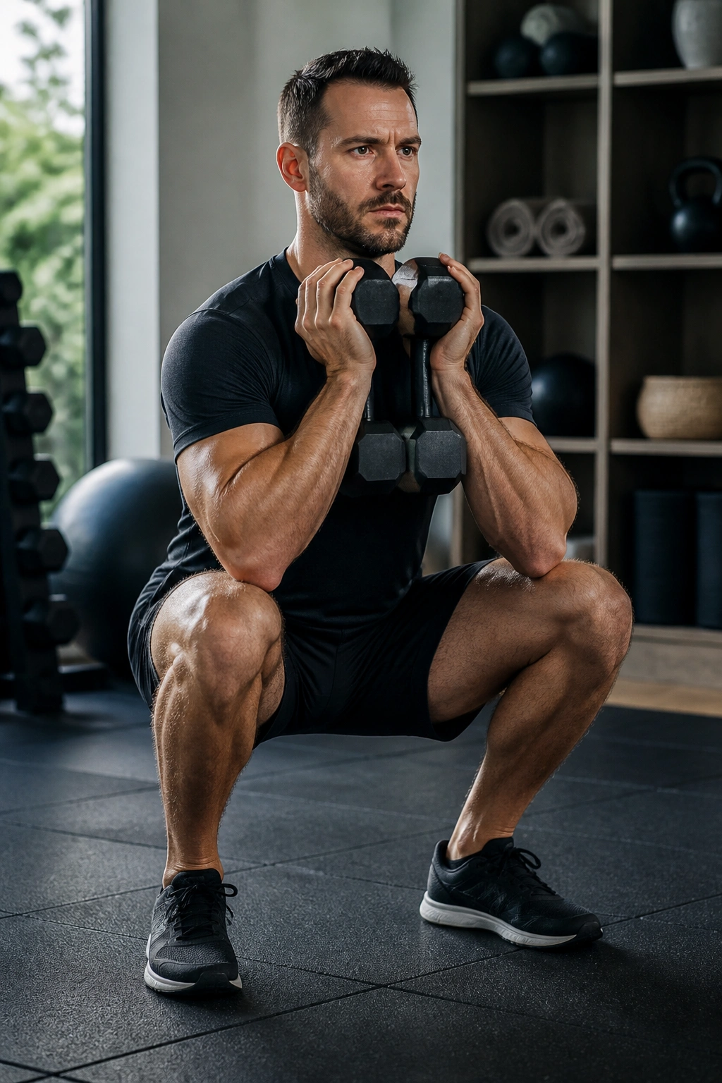 Real person doing goblet squat with dumbbells in a home gym