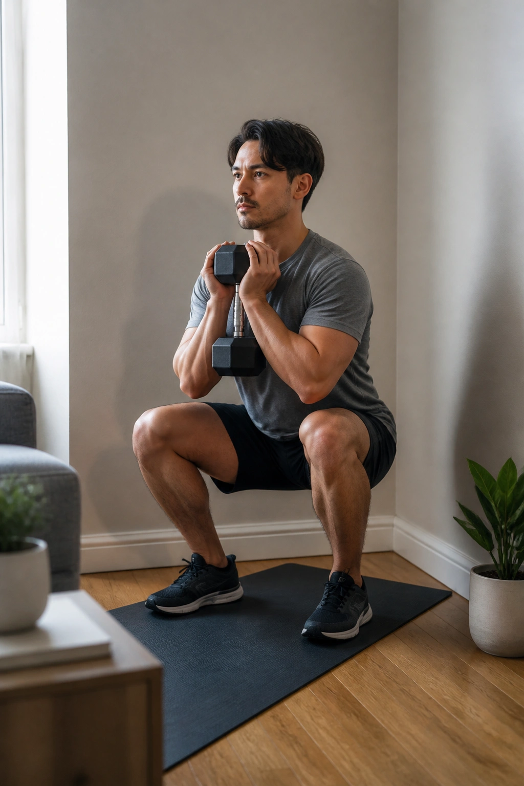 Mid-shot of a person performing a goblet squat with a dumbbell in a home corner