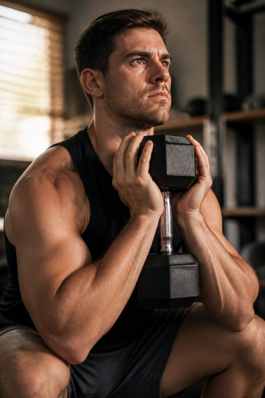 Close-up of lifter in goblet squat with dumbbell in a home gym