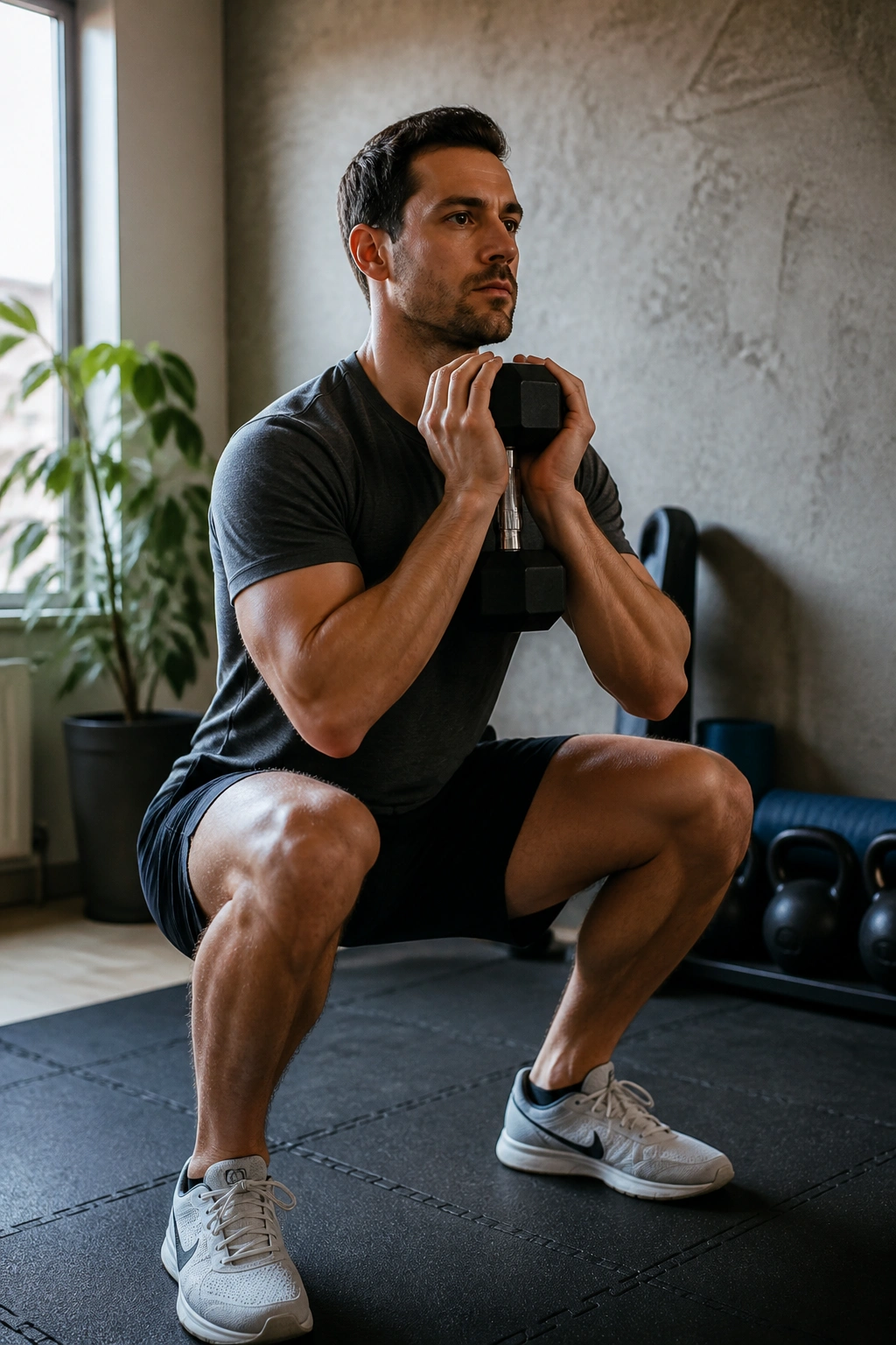 Medium-close portrait of a person with a dumbbell goblet position in a small home gym