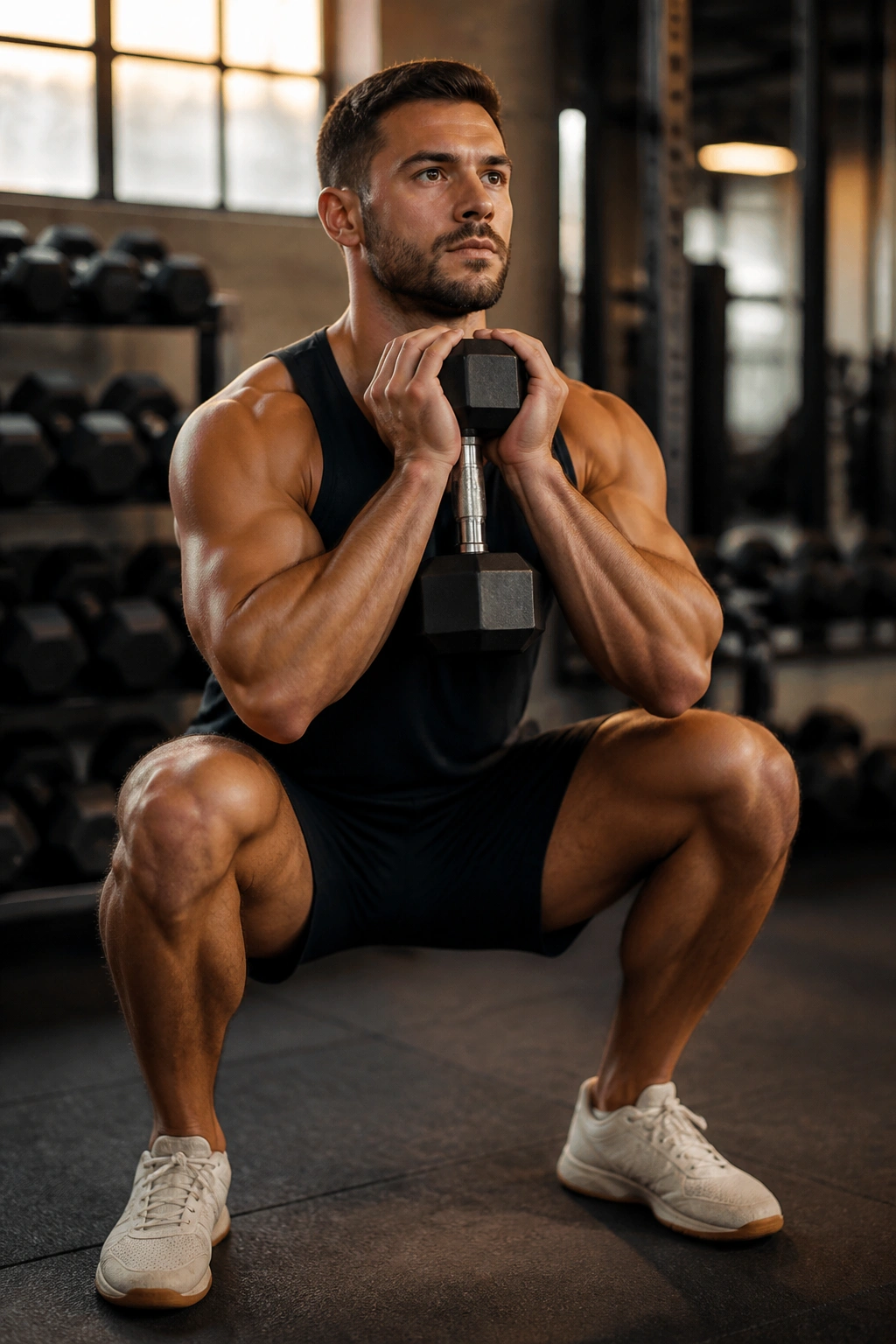 Lifter in goblet squat position with dumbbell in a gym.