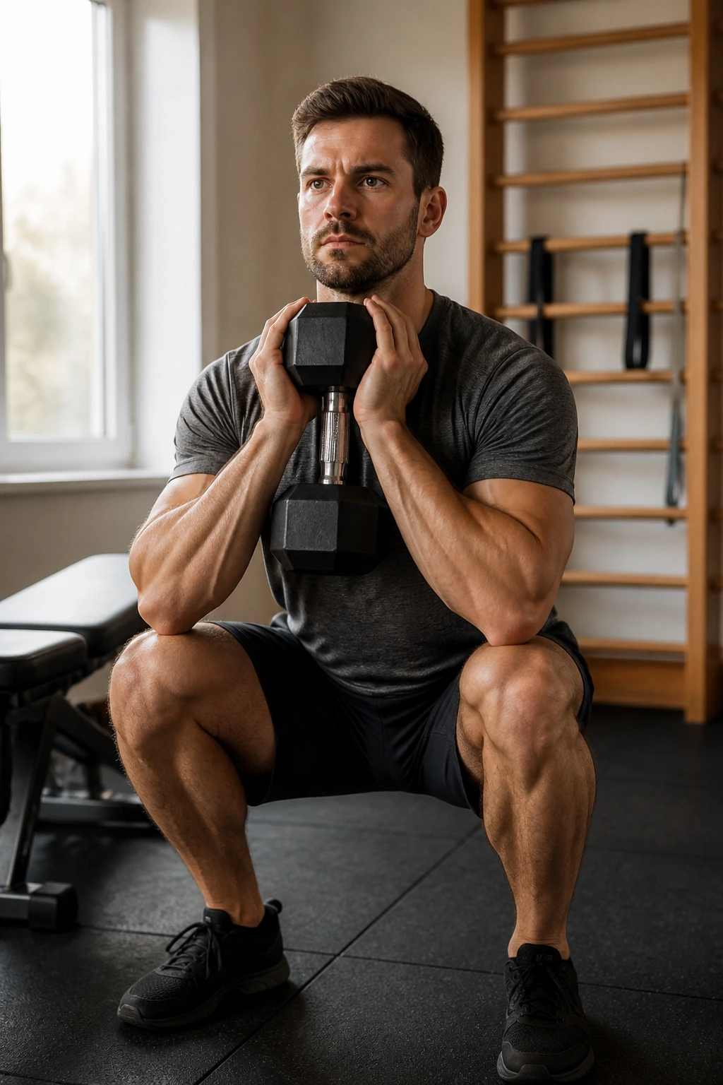 Medium close-up of a lifter performing goblet squats with a dumbbell in a small home gym