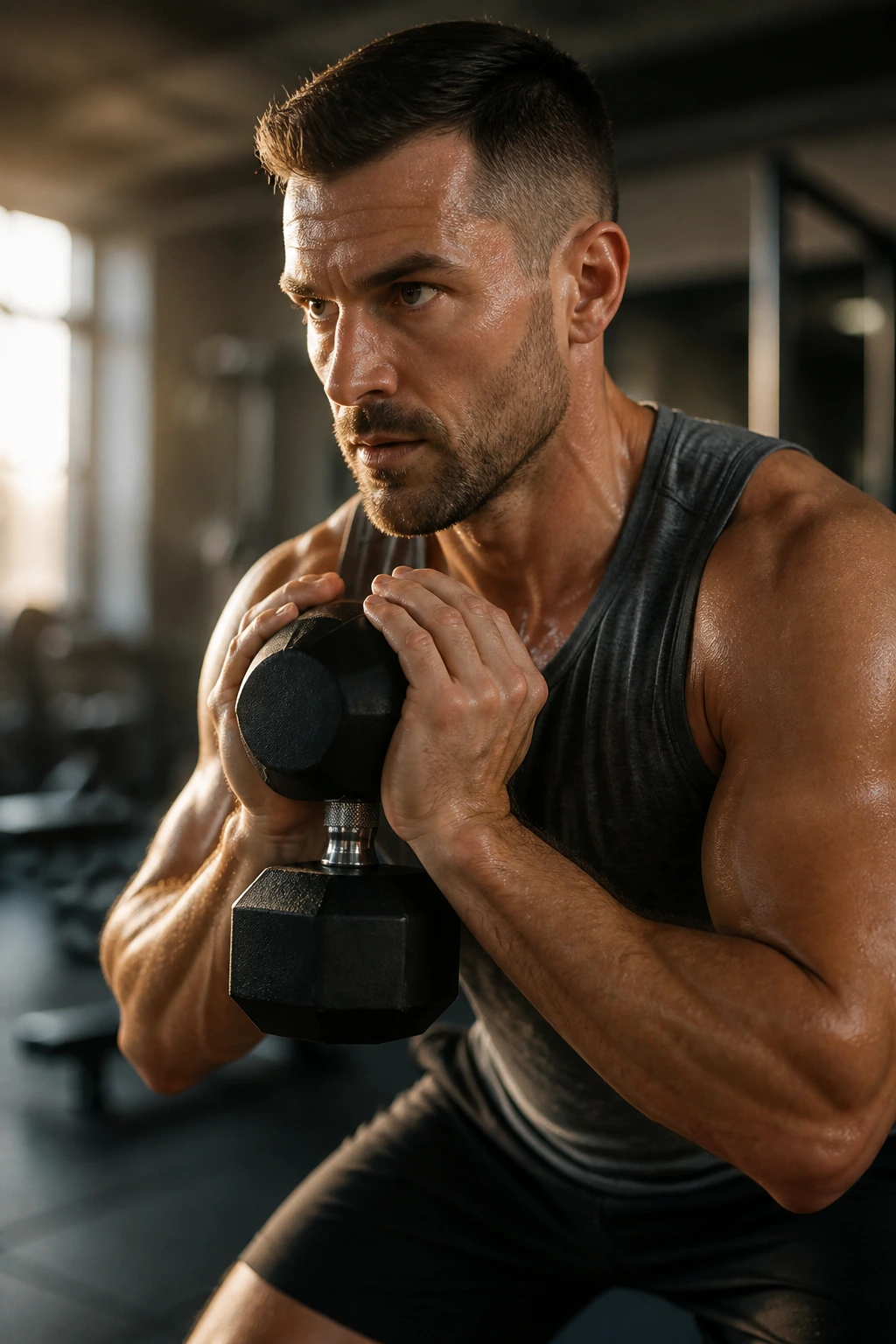 Close-up of person performing goblet squat with dumbbell in gym