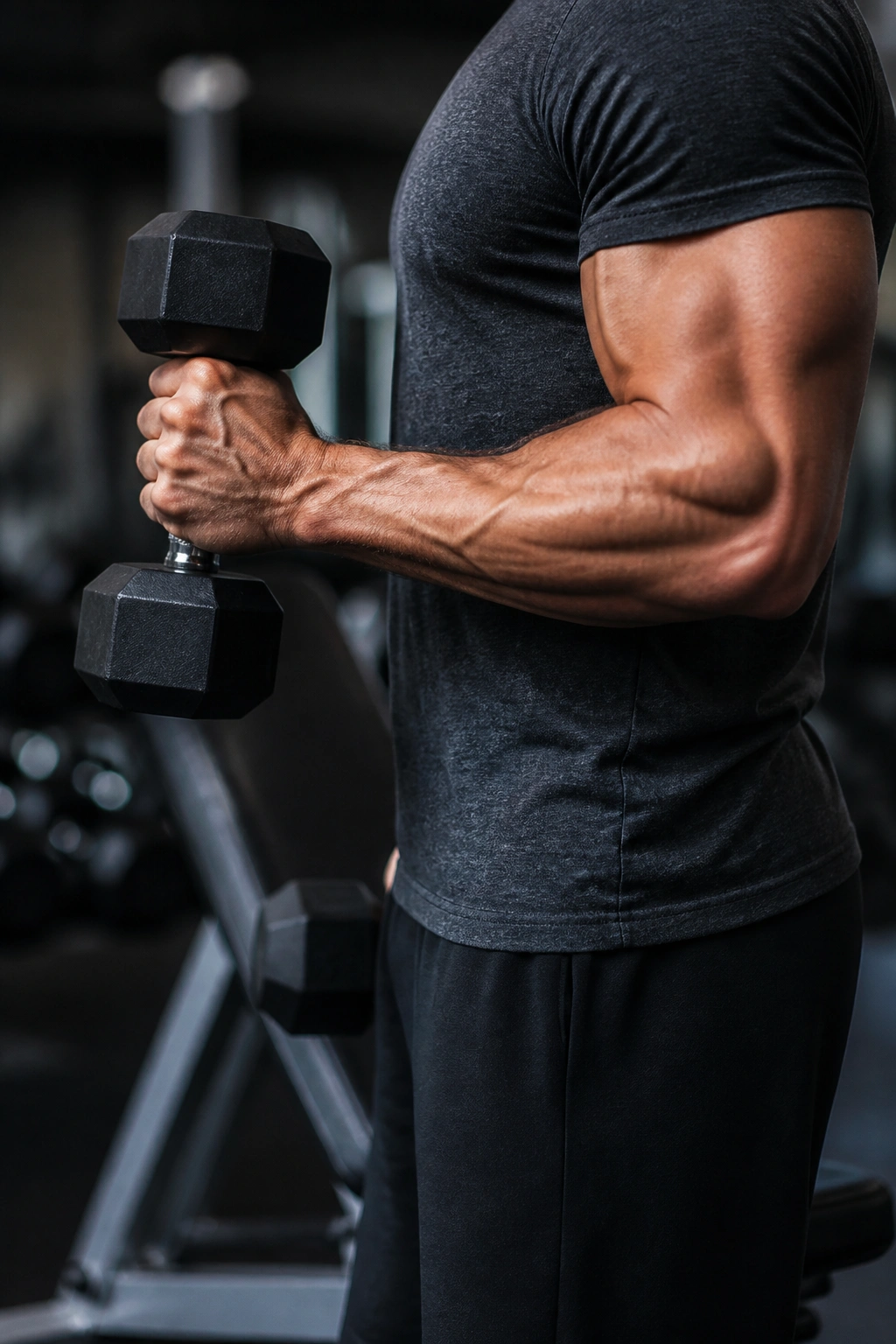 Close-up of forearm performing a hammer curl in a gym